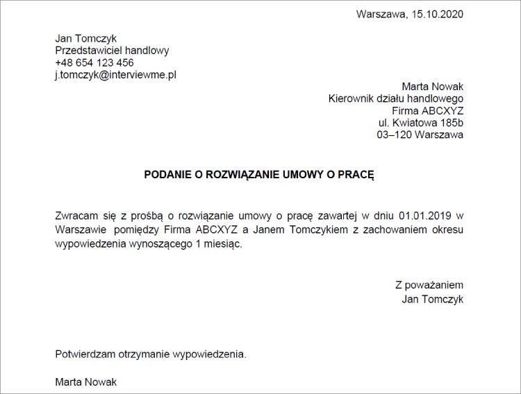 Jak powinienem napisać wzór wypowiedzenia umowy o pracę przez